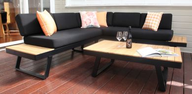 Carringbush Corner Lounge Setting With Sunbrella Fabric and Teak - Black